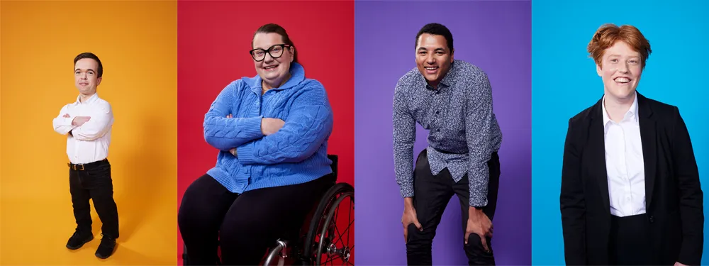 Four images of people smiling next to each other, forming a banner image. A man with his arms crossed on a yellow background, a woman in a wheelchair with her arms crossed on a red background, a man bending over with his hands on his knees on a purple background, a woman looking straight ahead on a blue background.